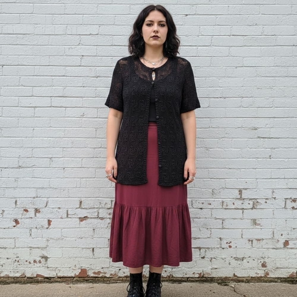 Vintage 90s Black Crochet Cardigan Top Cover-up Whimsygoth Goth Size Medium XL